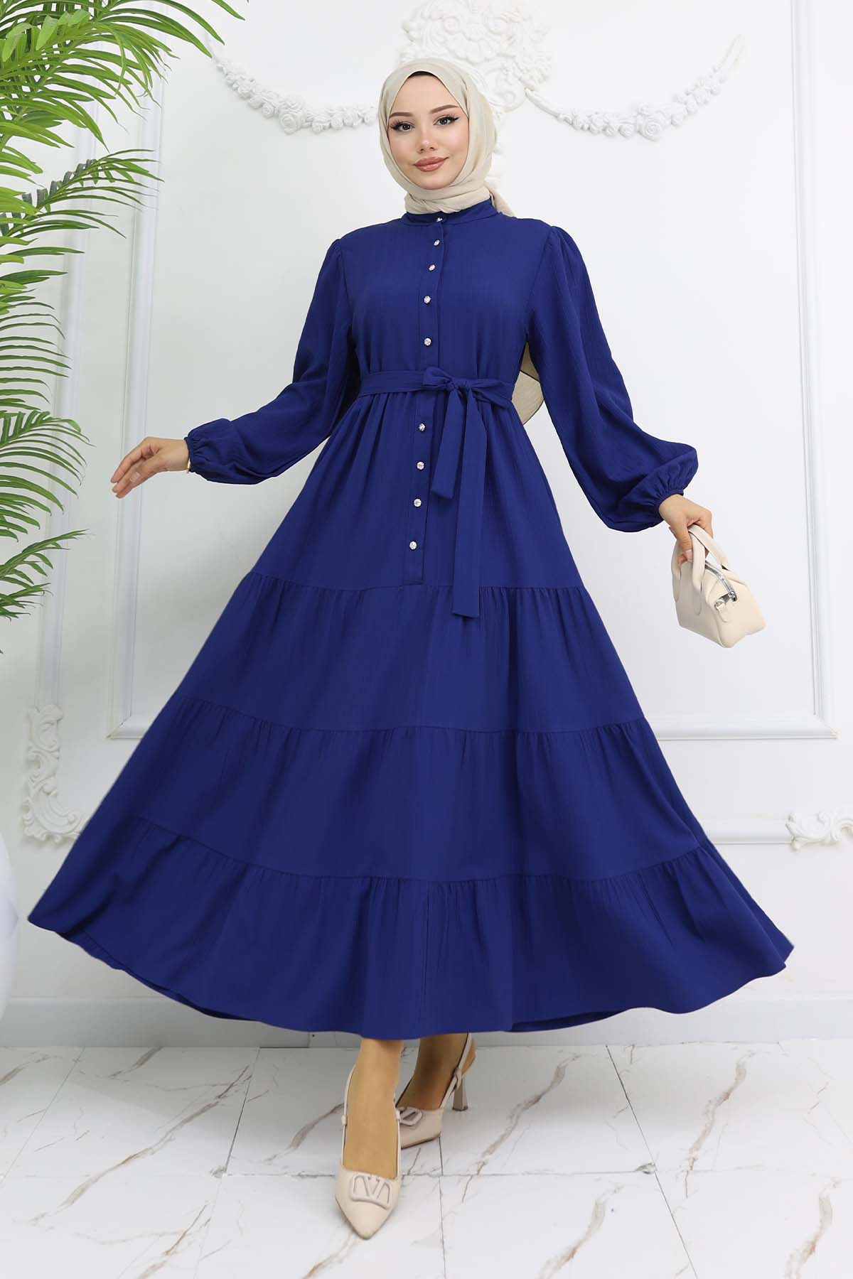 Stoned Buttoned Judge Collar Hijab Dress