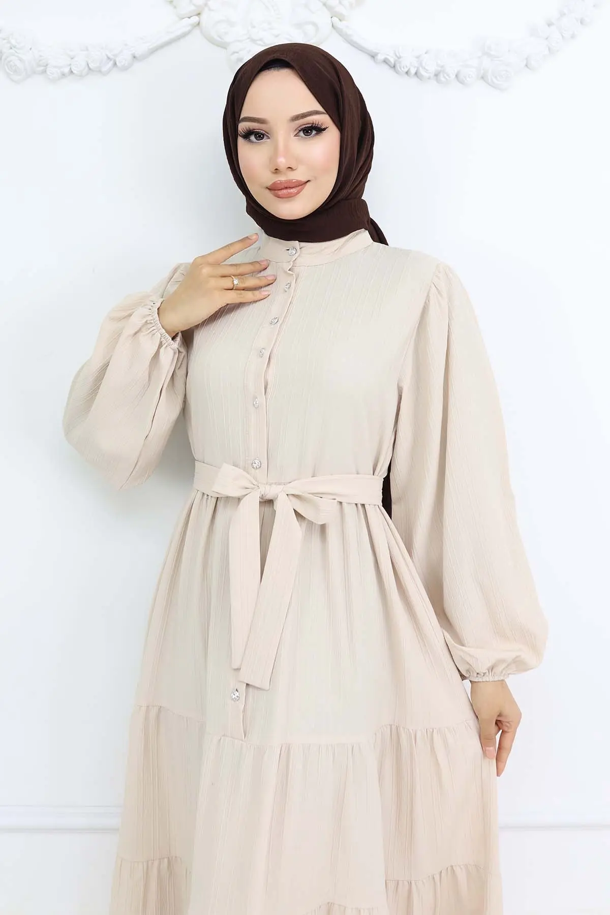 Stoned Buttoned Judge Collar Hijab Dress-detail