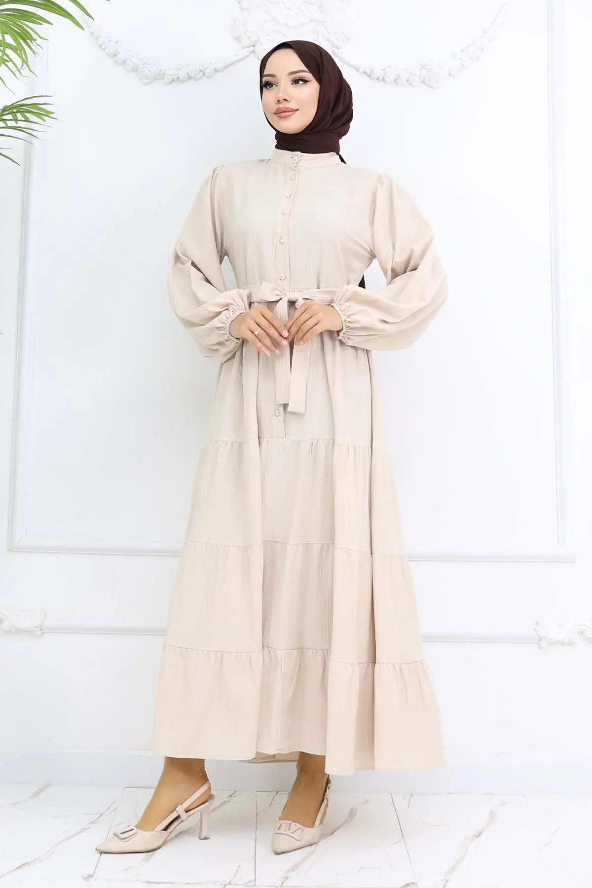 Stoned Buttoned Judge Collar Hijab Dress-detail