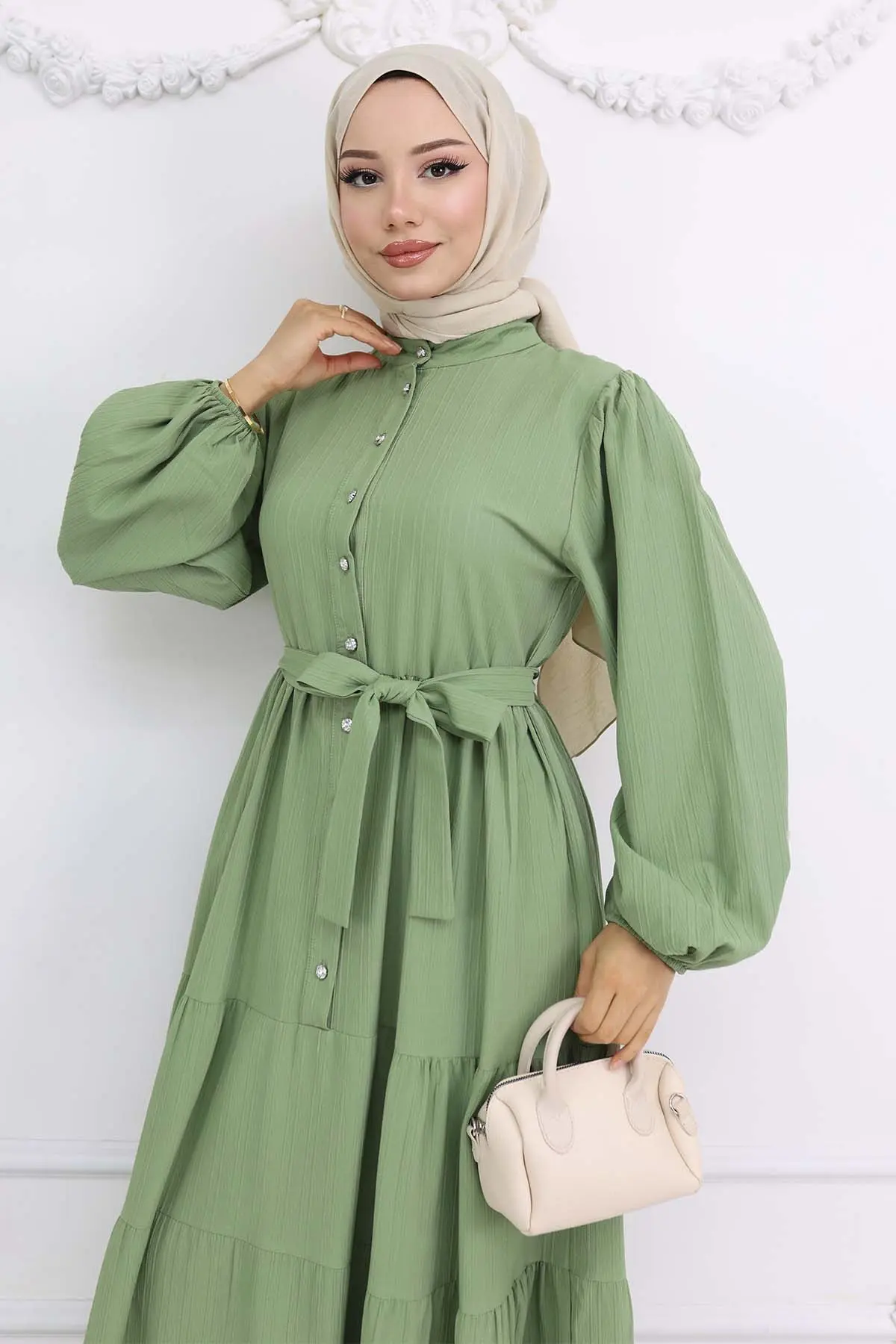 Stoned Buttoned Judge Collar Hijab Dress-detail