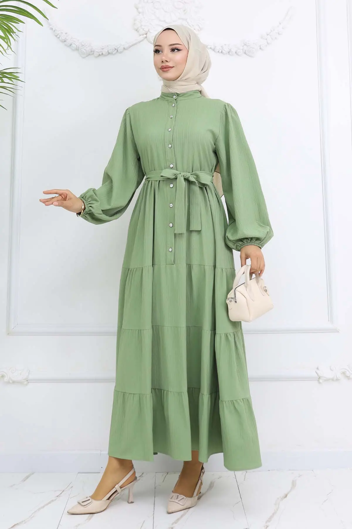 Stoned Buttoned Judge Collar Hijab Dress-detail
