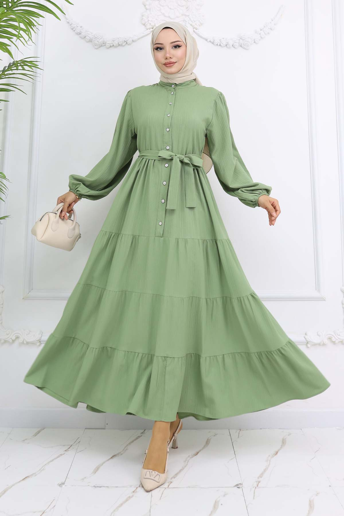 Stoned Buttoned Judge Collar Hijab Dress