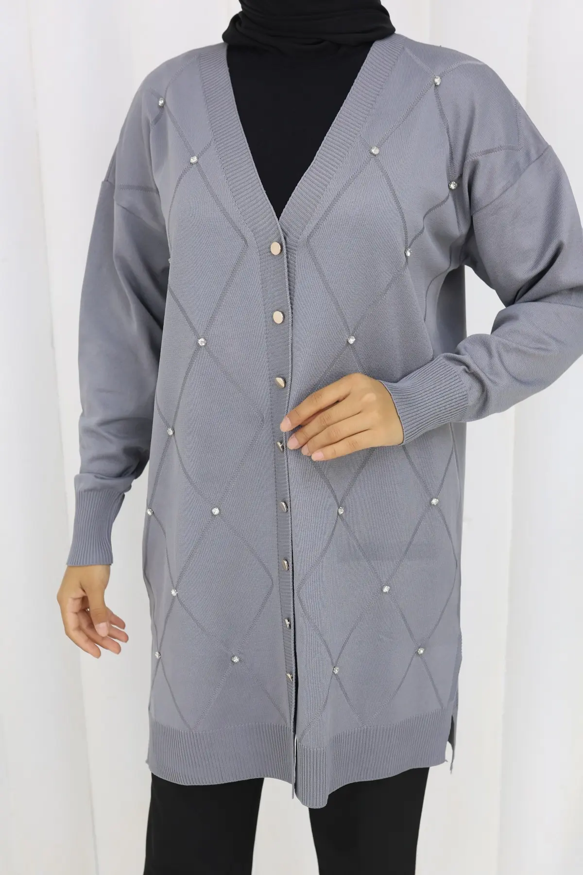 Stoned Diamond Patterned Long Cardigan-detail