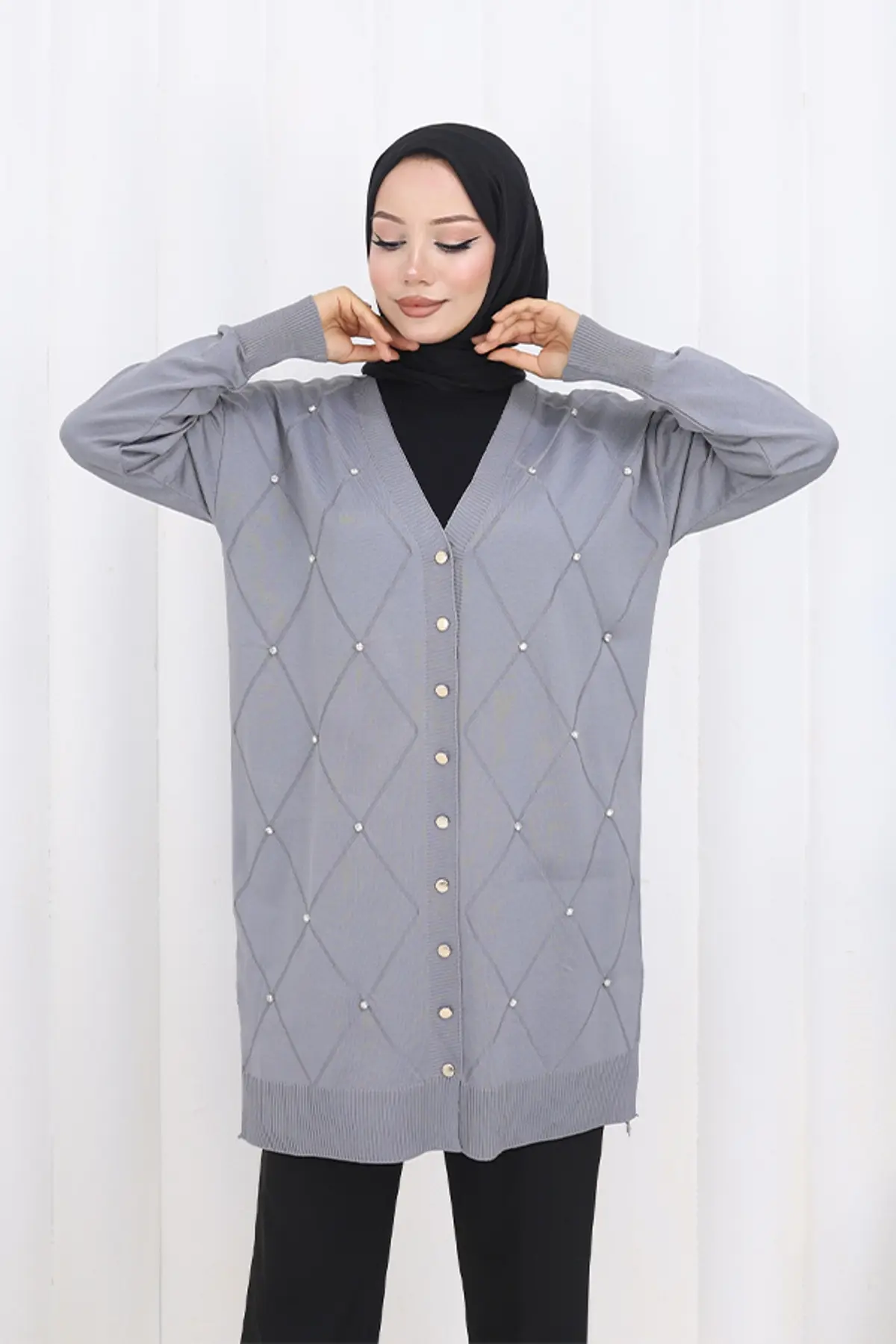 Stoned Diamond Patterned Long Cardigan-detail