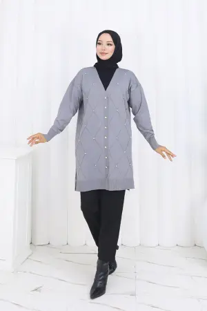 Stoned Diamond Patterned Long Cardigan
