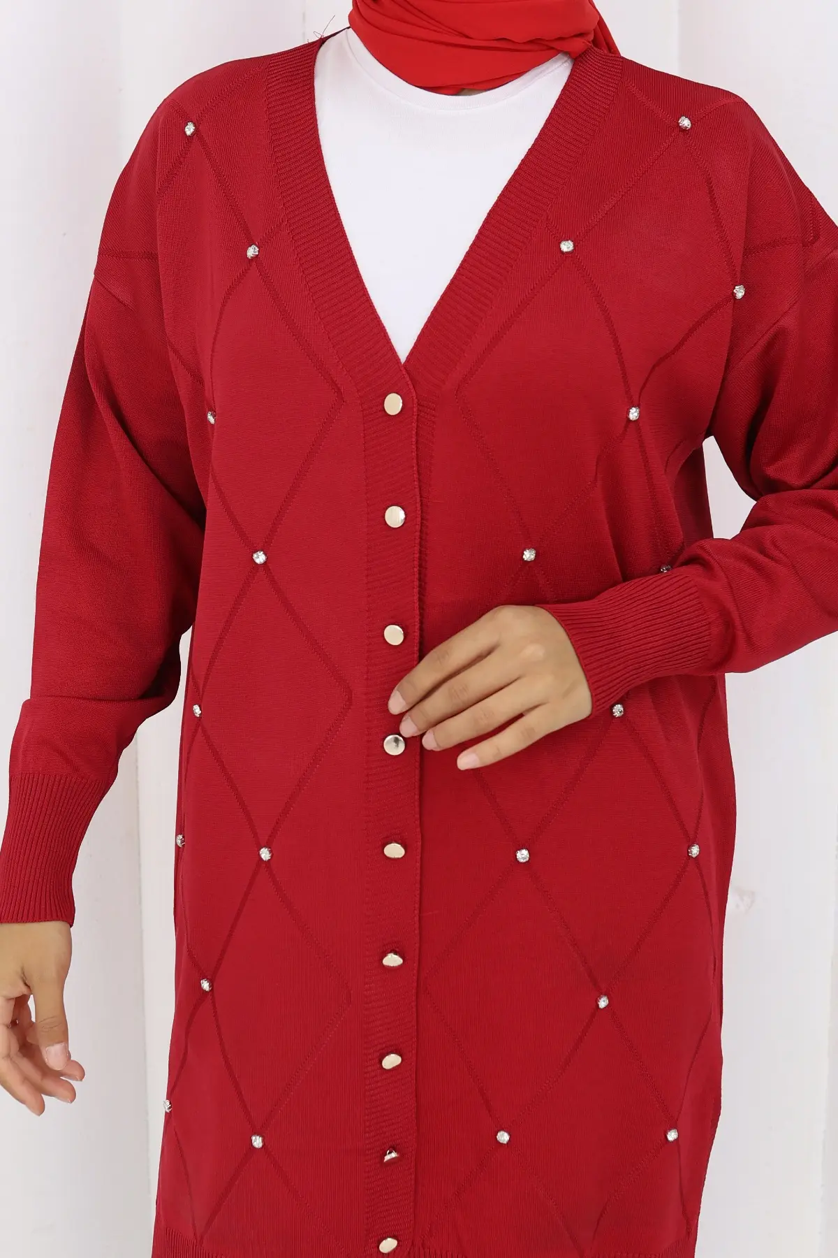 Stoned Diamond Patterned Long Cardigan-detail