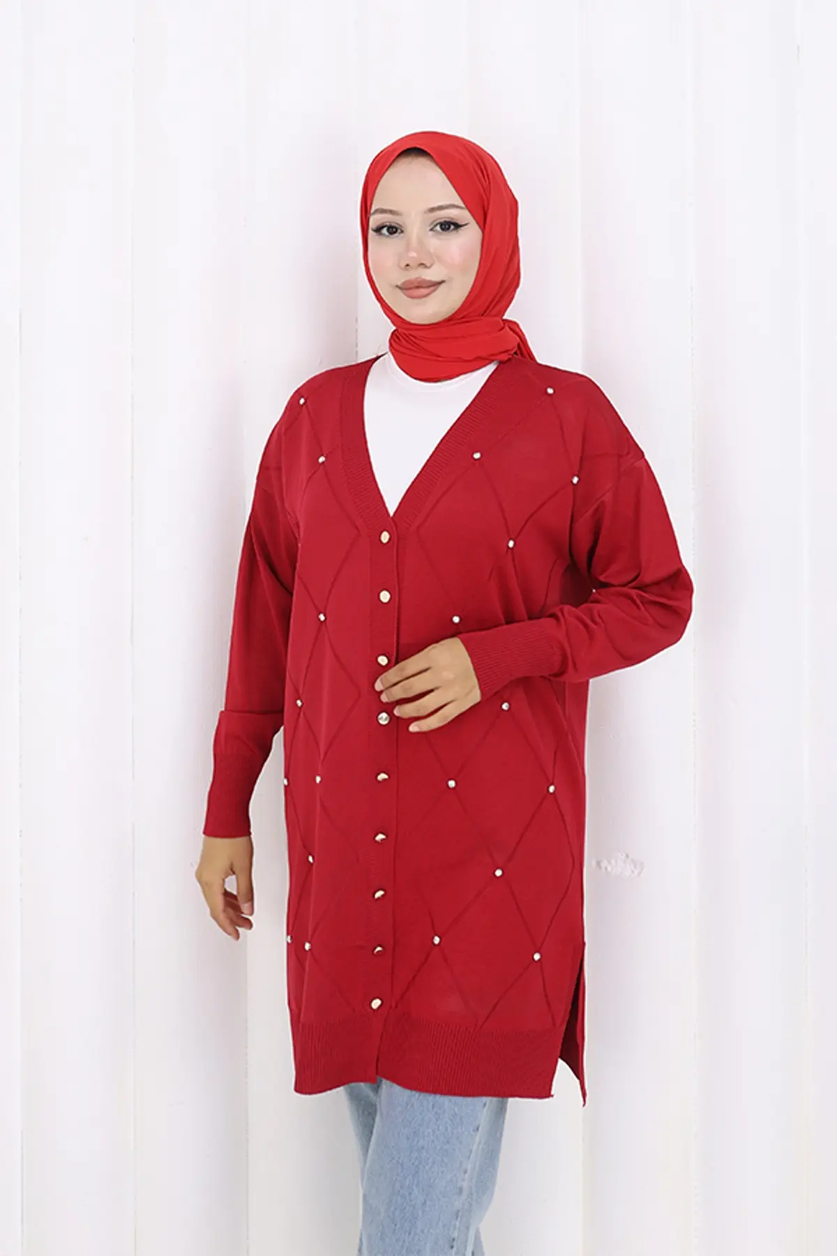 Stoned Diamond Patterned Long Cardigan-detail