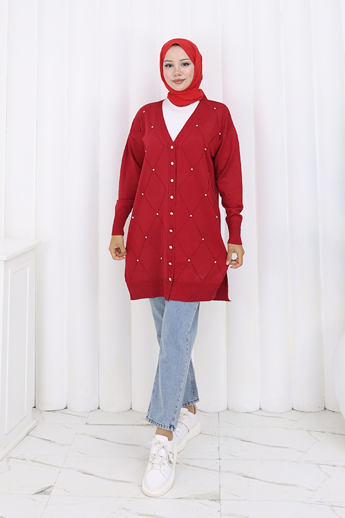 Stoned Diamond Patterned Long Cardigan