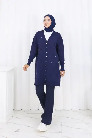 Stoned Diamond Patterned Long Cardigan