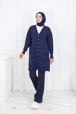 Stoned Diamond Patterned Long Cardigan