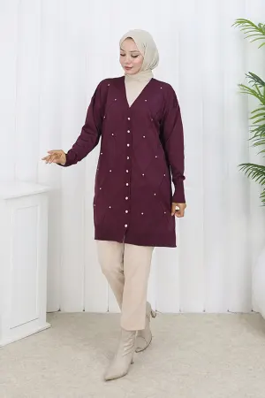 Stoned Diamond Patterned Long Cardigan