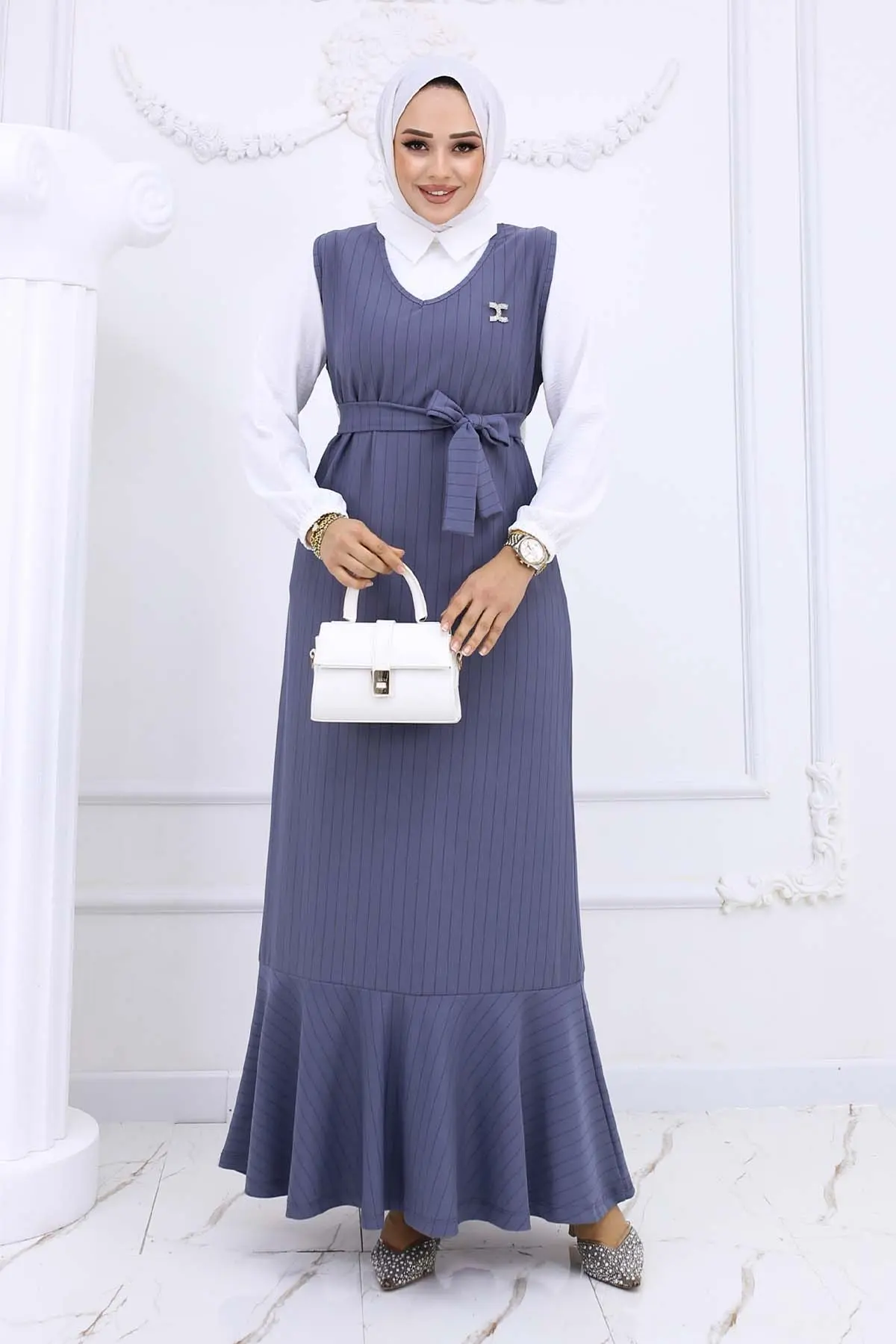 Stripe Detailed Brooch Dress-detail