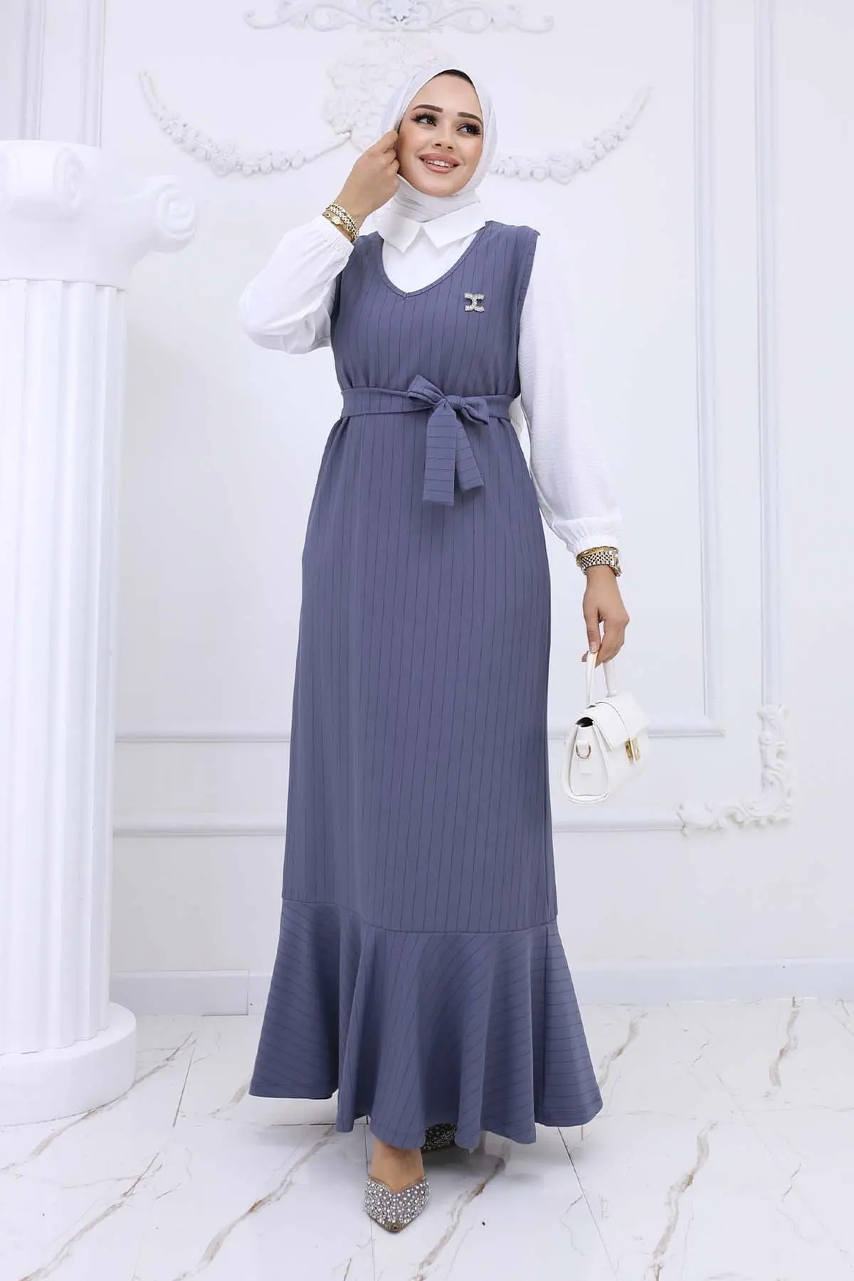 Stripe Detailed Brooch Dress-detail