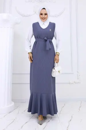 Stripe Detailed Brooch Dress