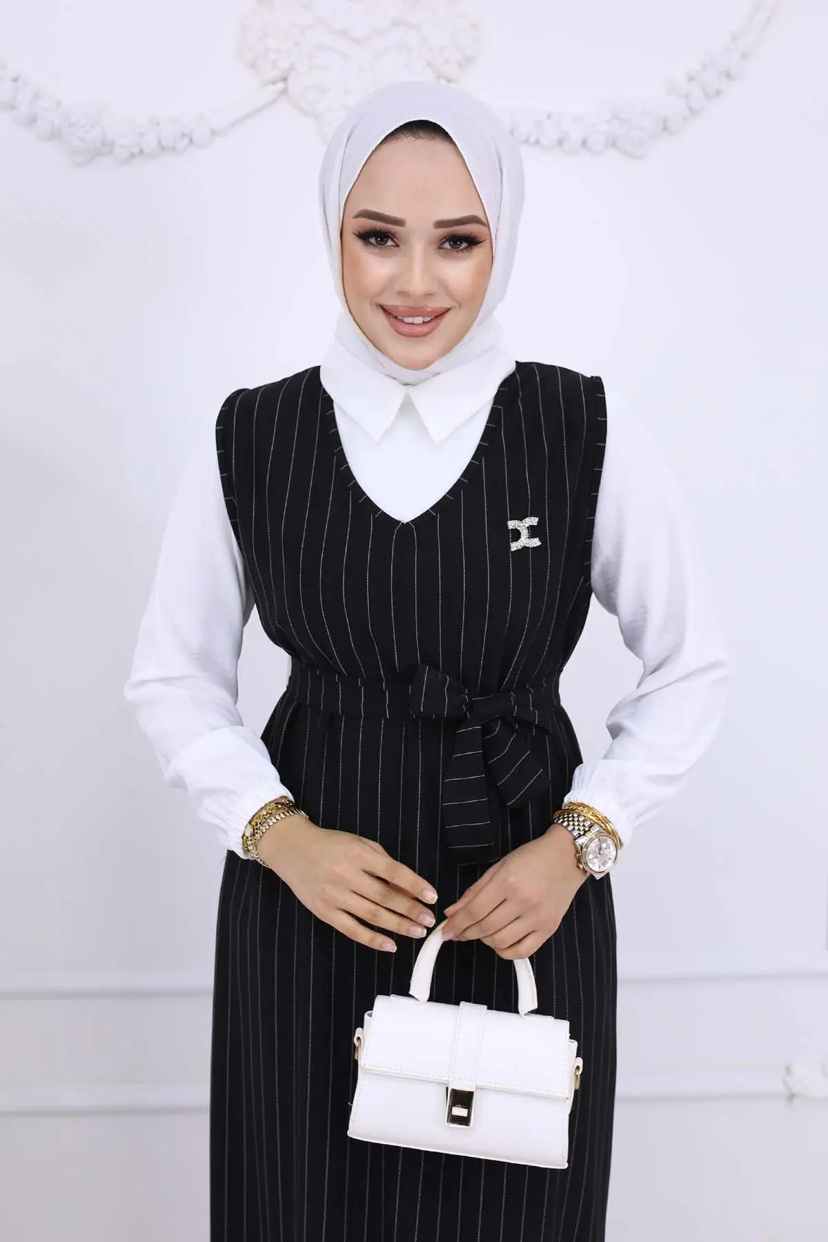 Stripe Detailed Brooch Dress-detail