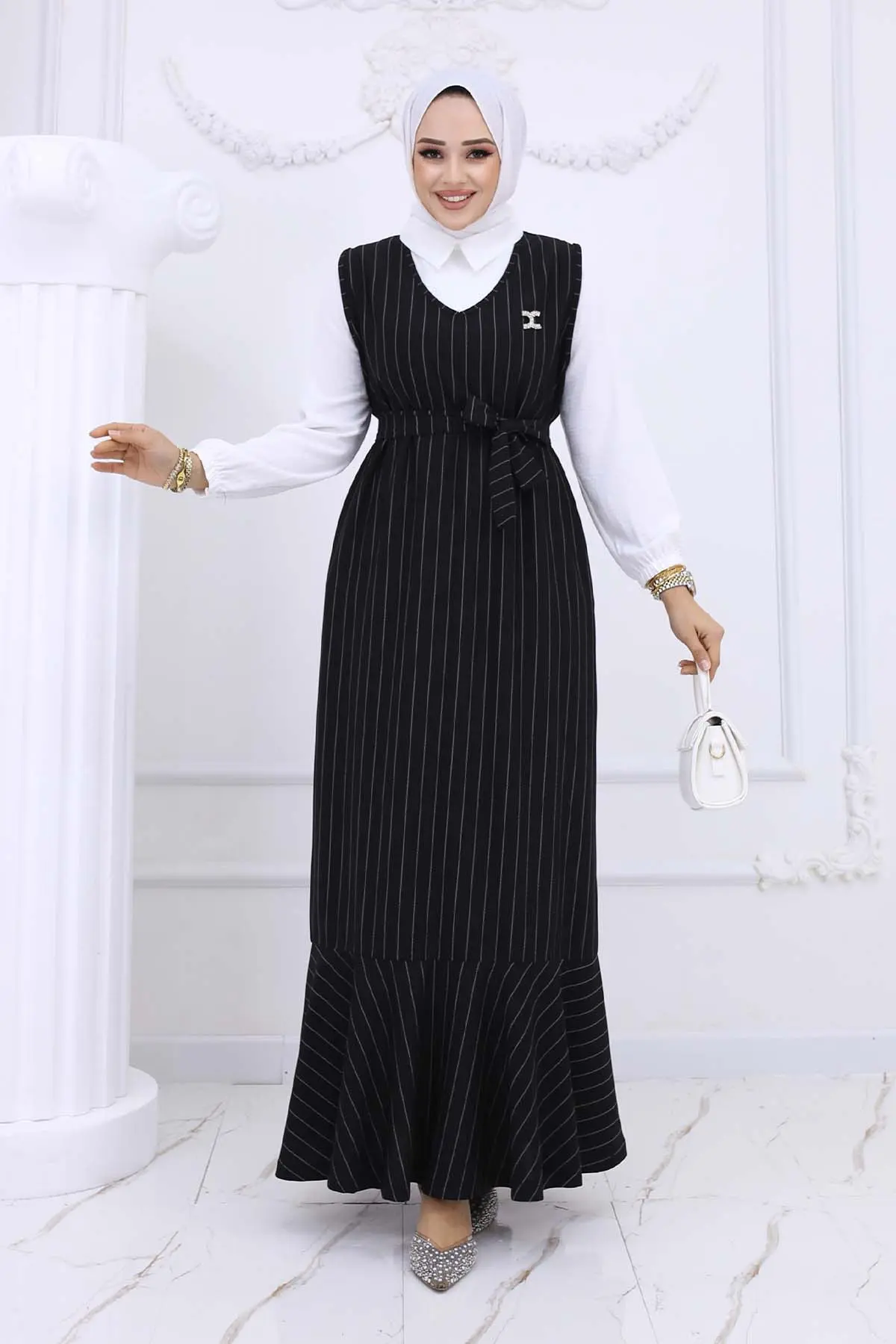 Stripe Detailed Brooch Dress-detail