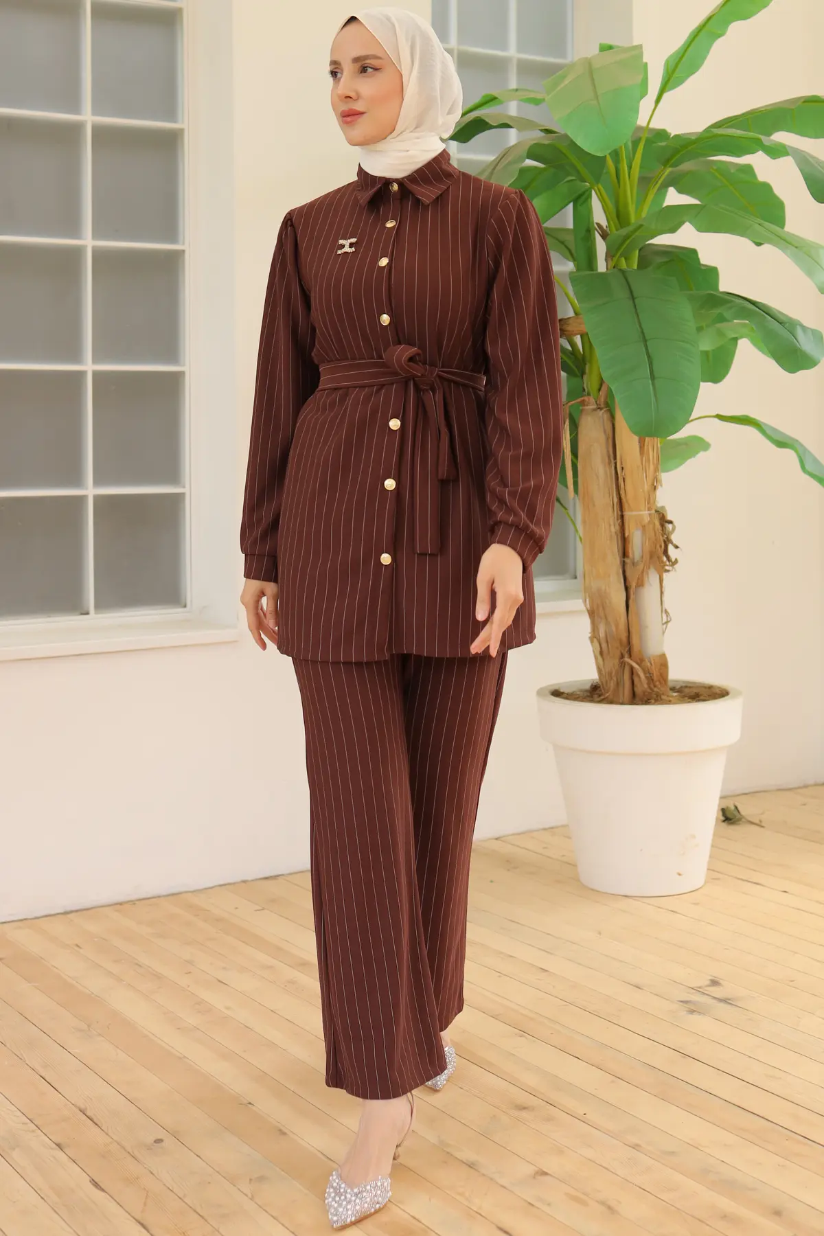 Striped Crepe Suit with Brooch