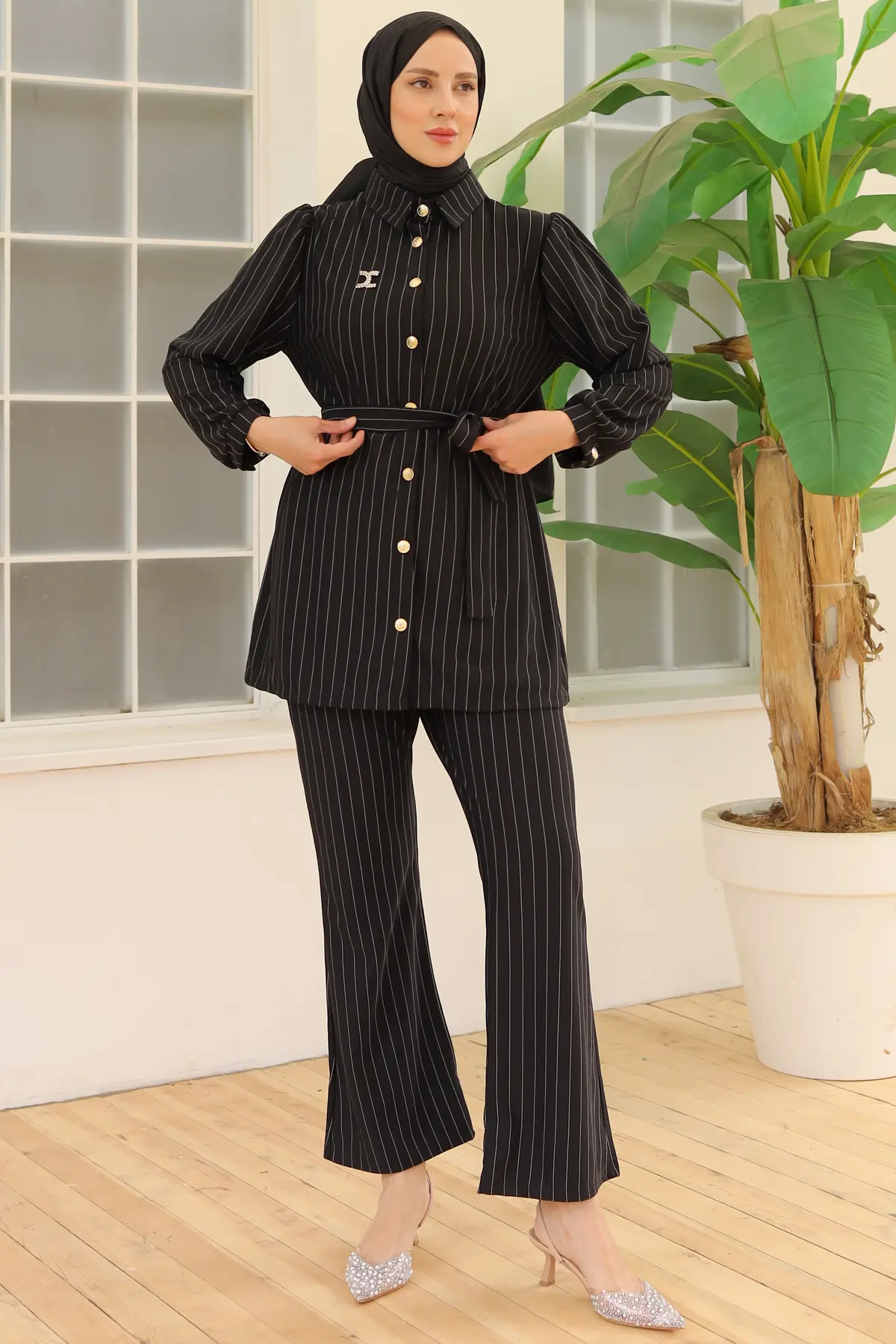 Striped Crepe Suit with Brooch