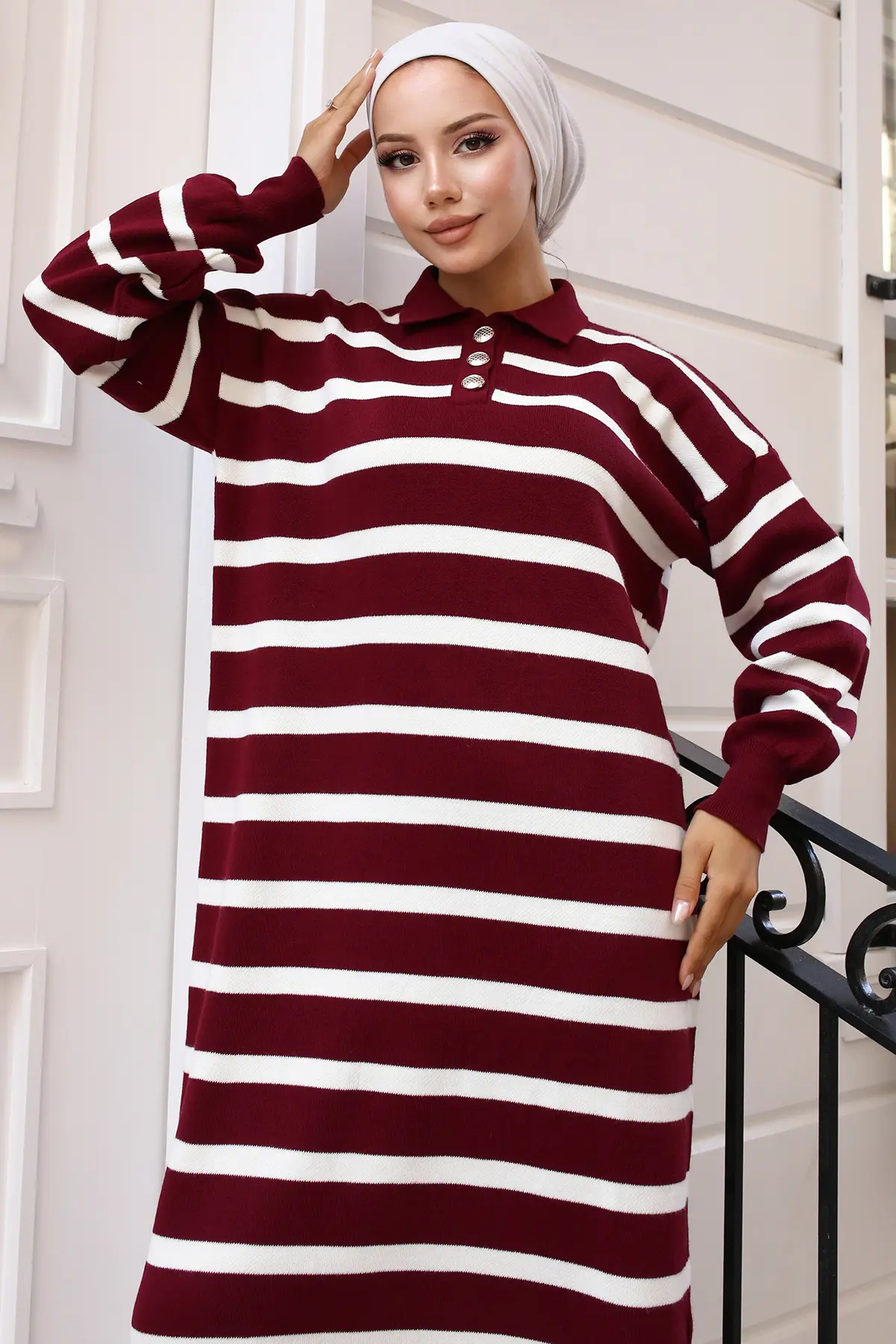 Striped Knit Dress With Button Detail On The Collar-detail