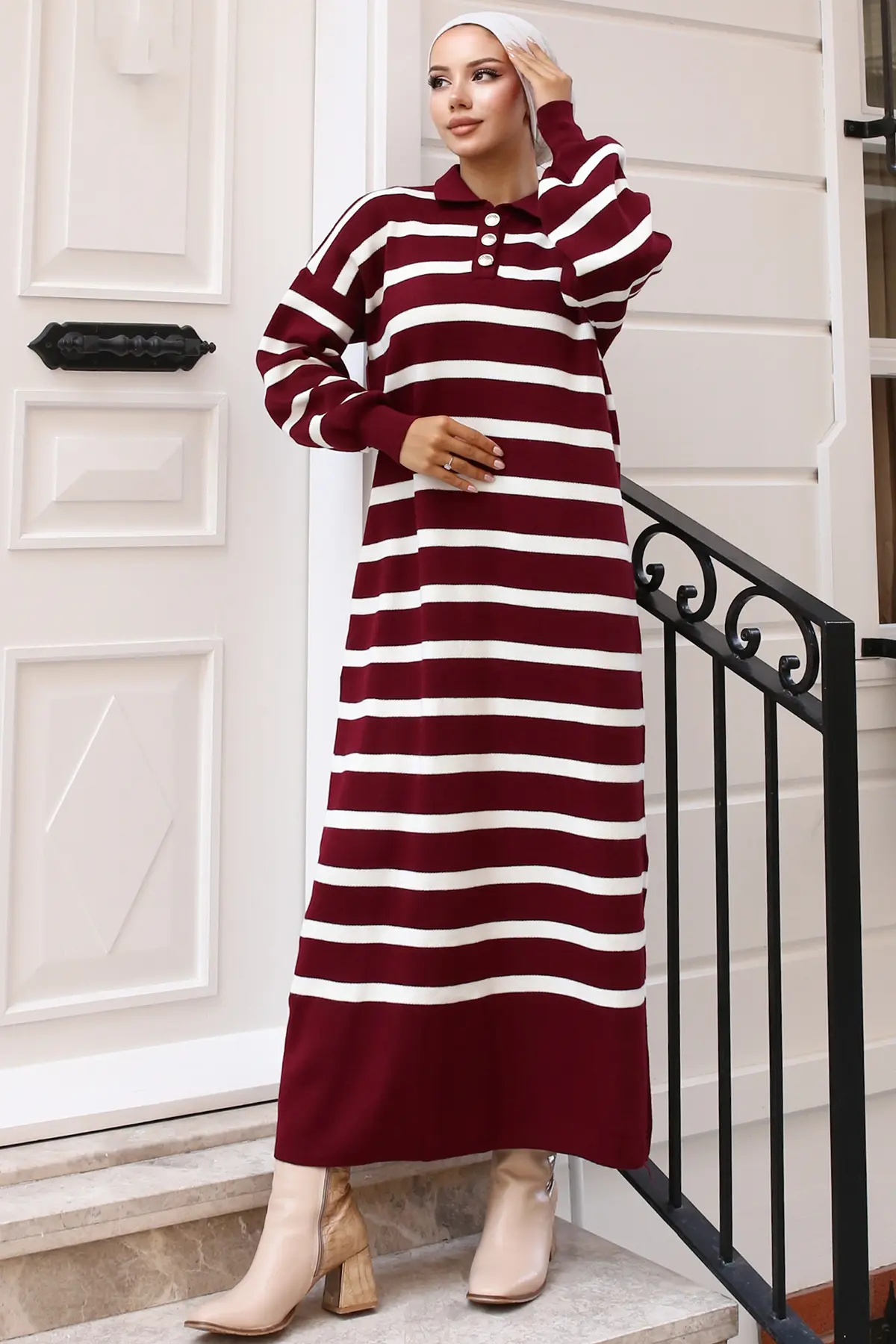 Striped Knit Dress With Button Detail On The Collar-detail