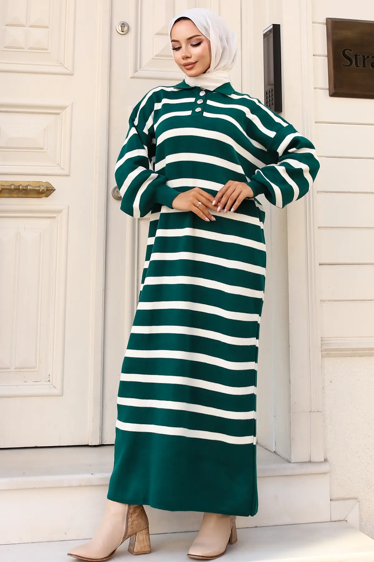 Striped Knit Dress With Button Detail On The Collar-detail