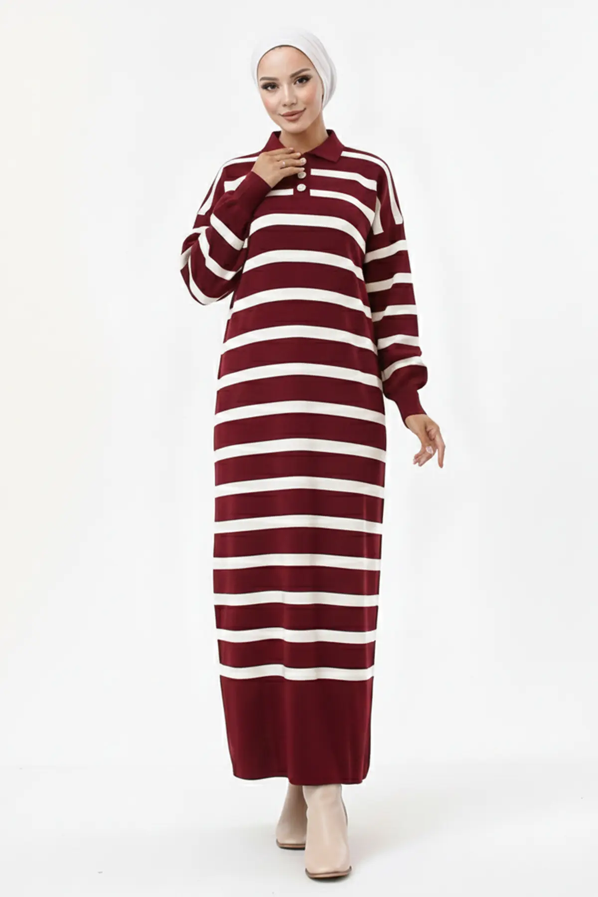 Striped Knit Dress With Button Detail On The Collar