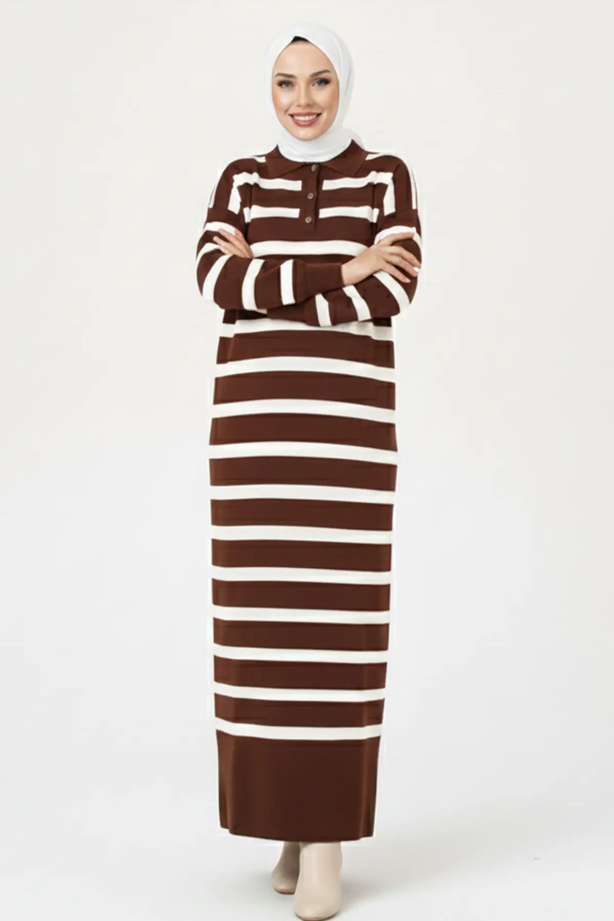 Striped Knit Dress With Button Detail On The Collar