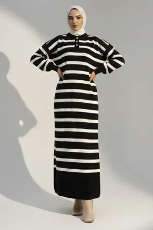 Striped Knit Dress With Button Detail On The Collar