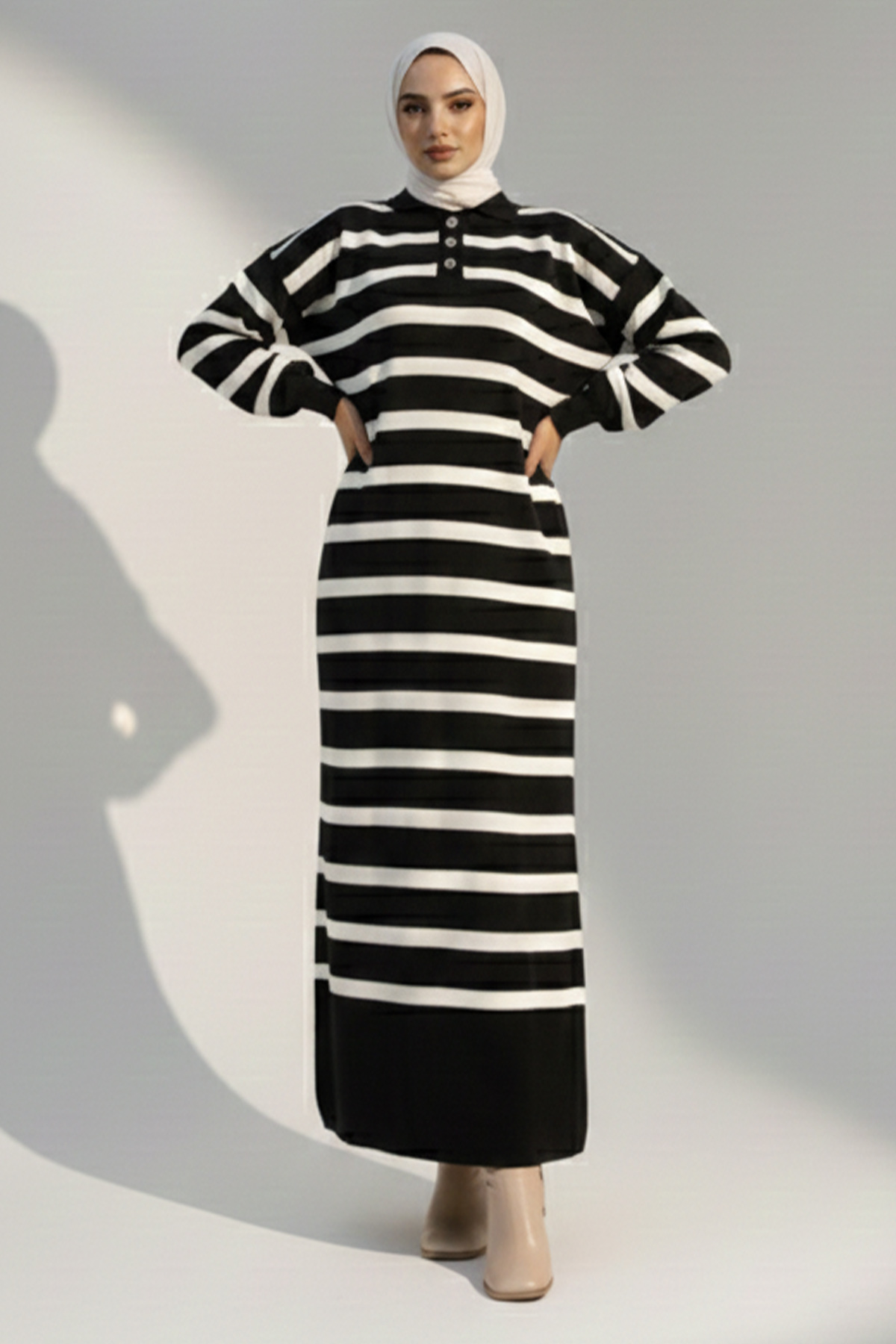 Striped Knit Dress With Button Detail On The Collar