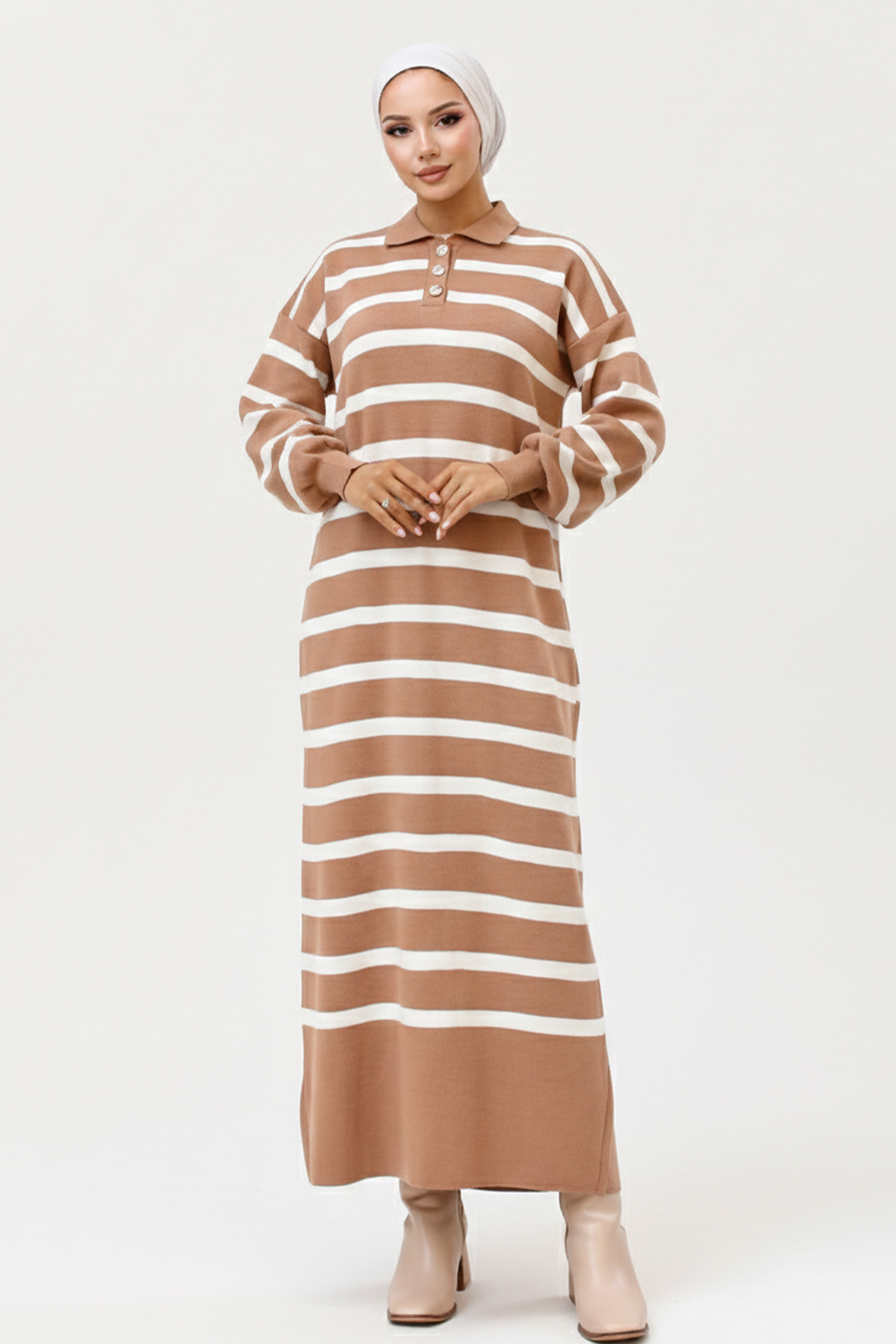 Striped Knit Dress With Button Detail On The Collar