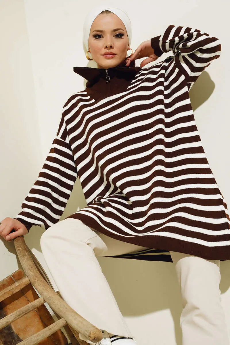 Striped Knit Tunic With Zippered Collar-detail