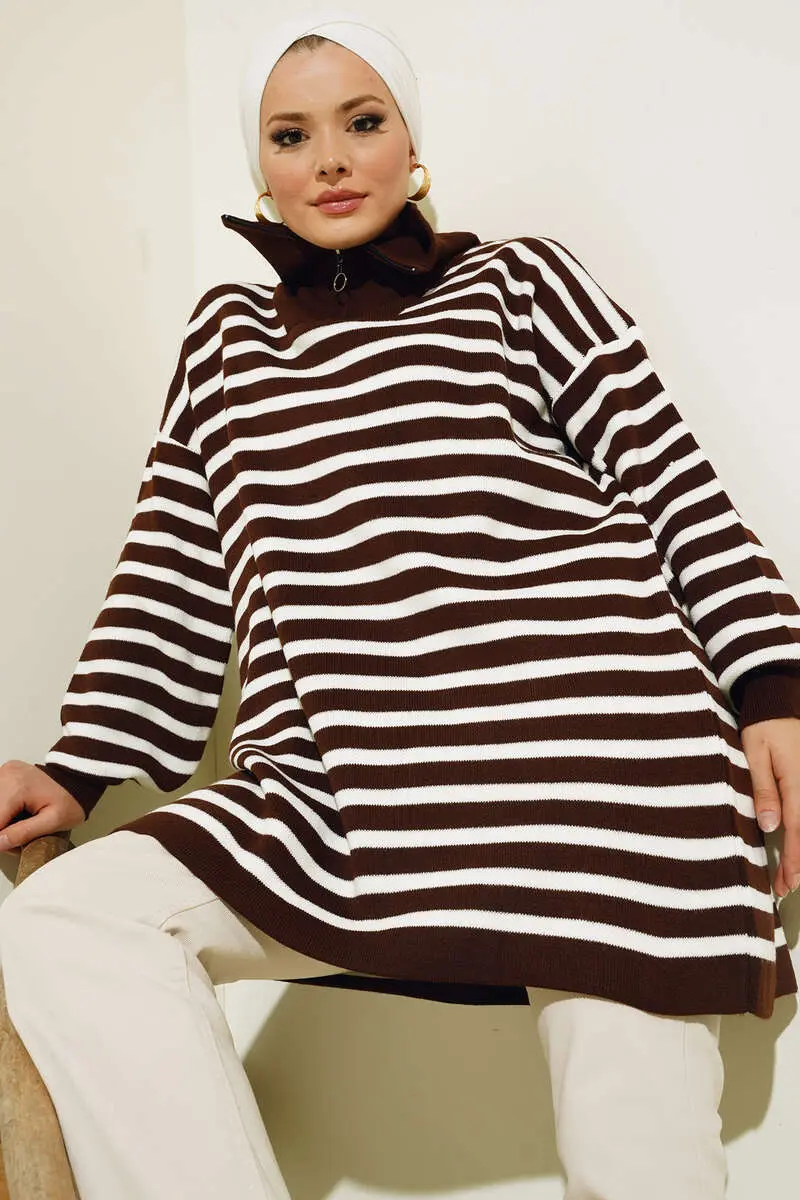 Striped Knit Tunic with Zippered Collar