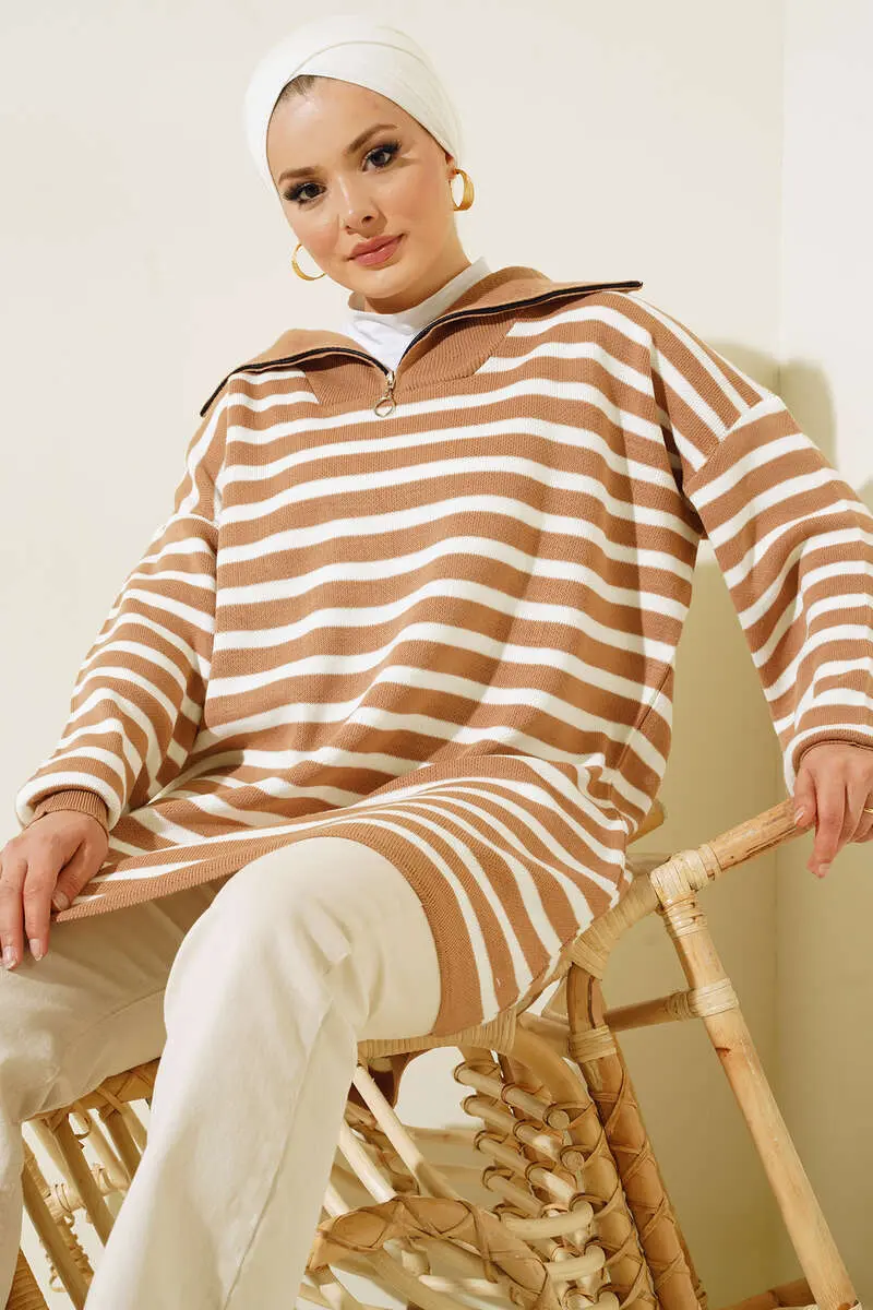 Striped Knit Tunic With Zippered Collar-detail