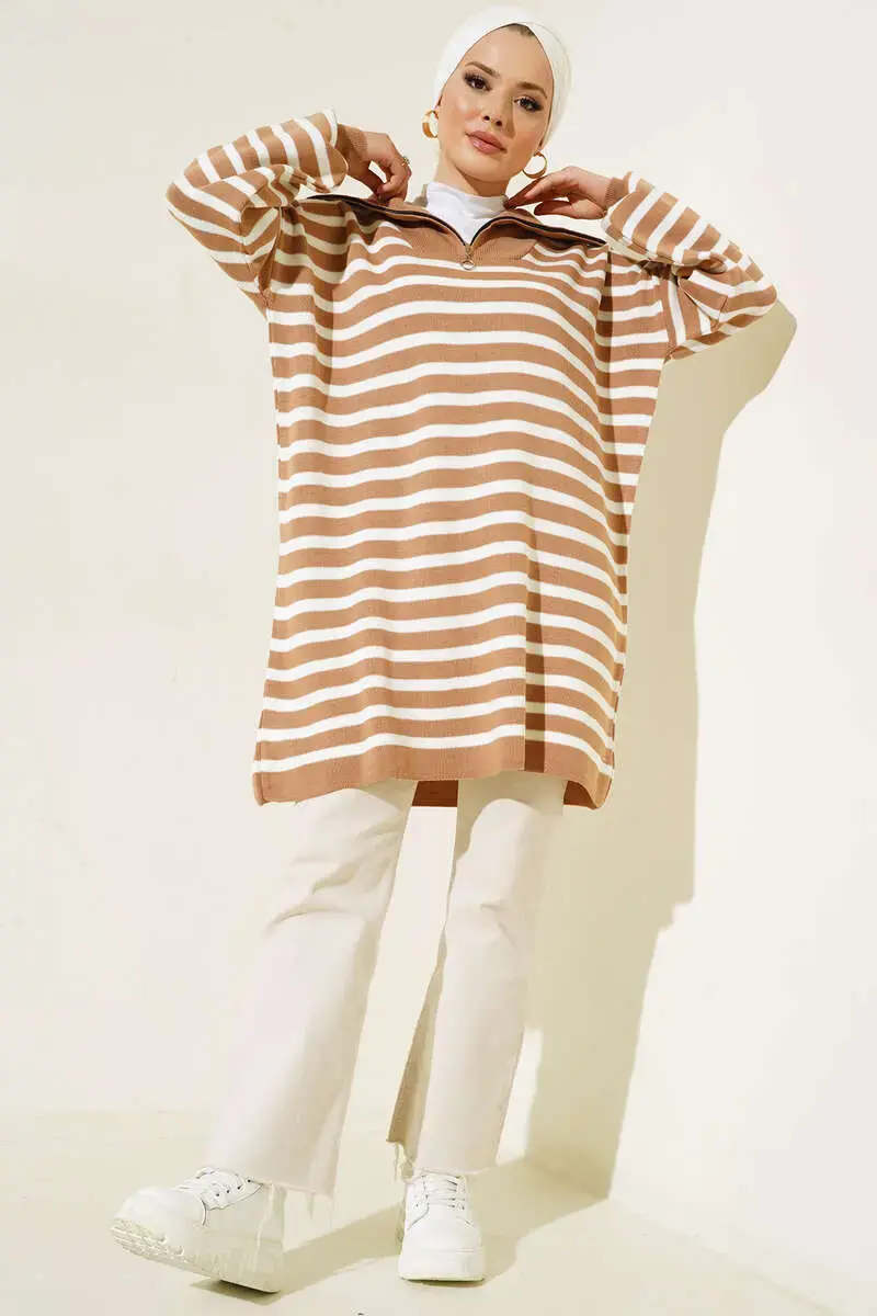 Striped Knit Tunic With Zippered Collar