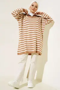 Striped Knit Tunic With Zippered Collar