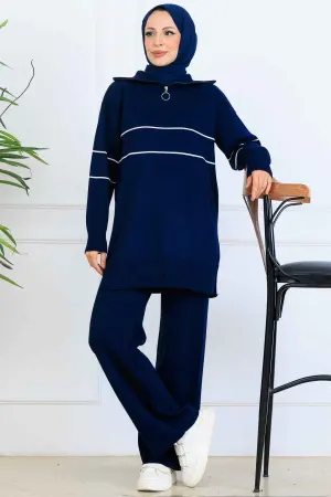 Striped Knitwear Suit With Zippered Collar