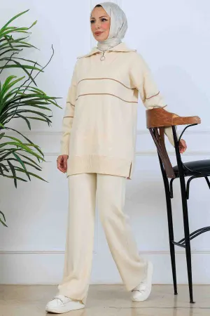 Striped Knitwear Suit With Zippered Collar