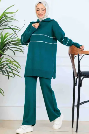 Striped Knitwear Suit With Zippered Collar