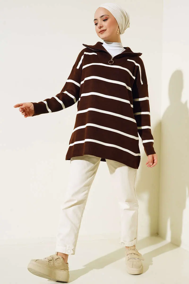 Striped Knitwear Tunic with Collar Zipper