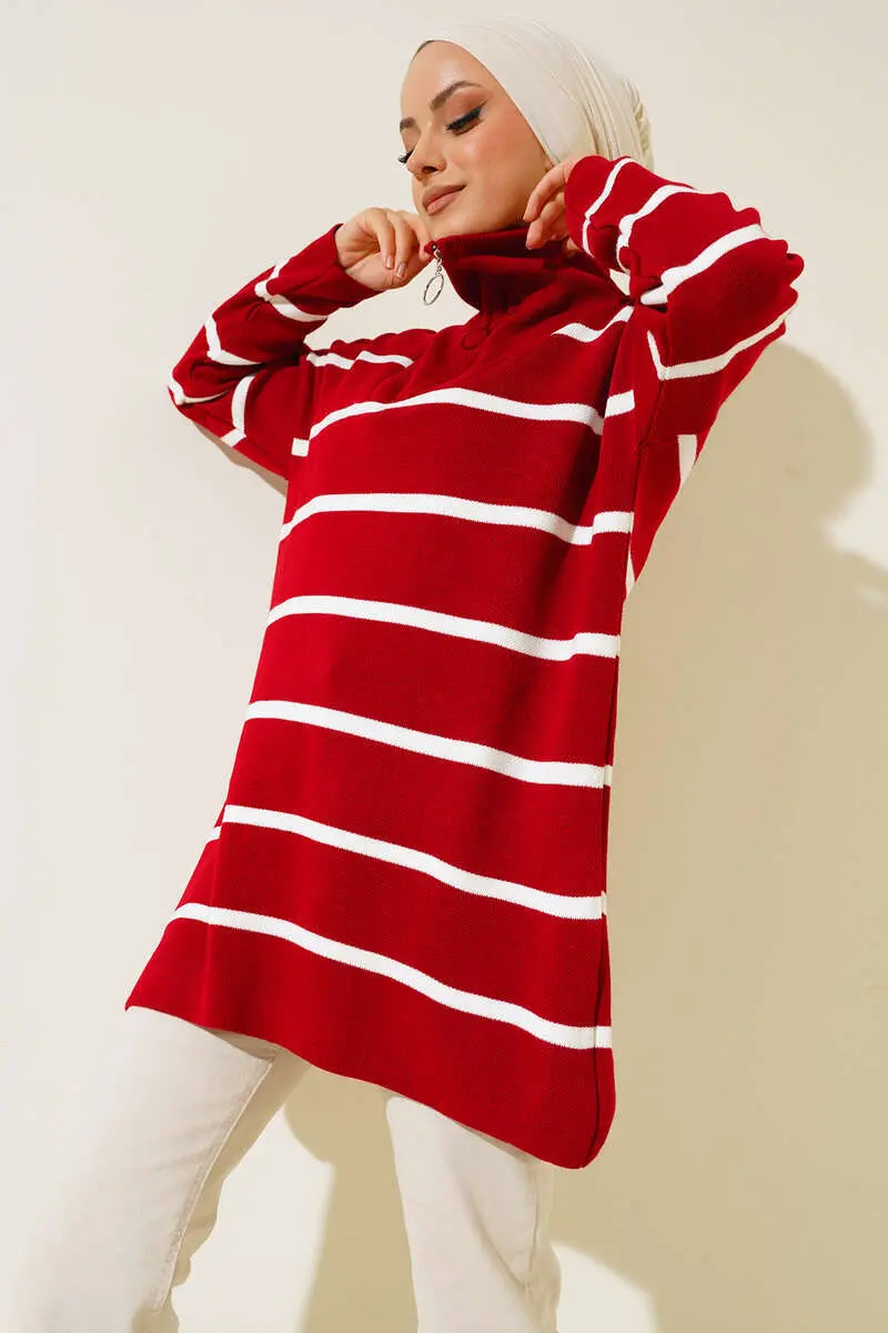 Striped Knitwear Tunic with Collar Zipper