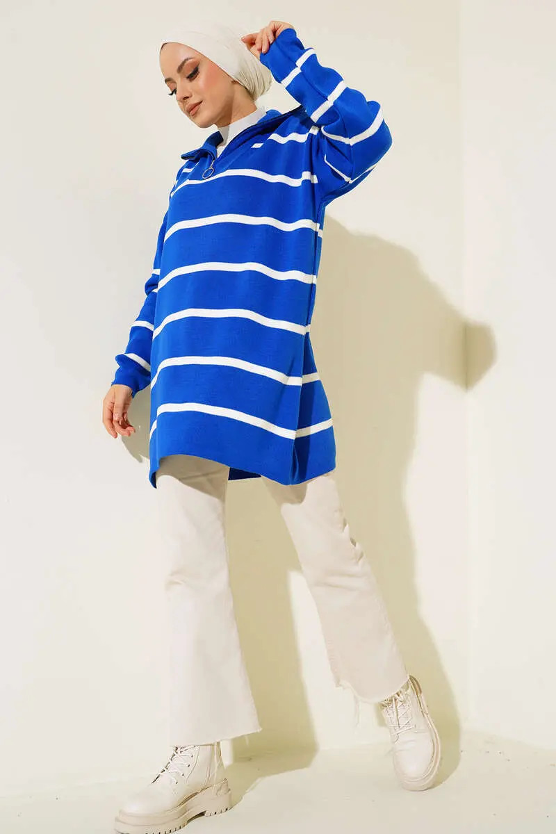 Striped Knitwear Tunic with Collar Zipper