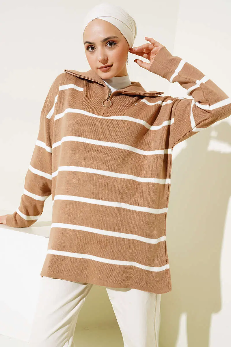 Striped Knitwear Tunic With Collar Zipper-detail
