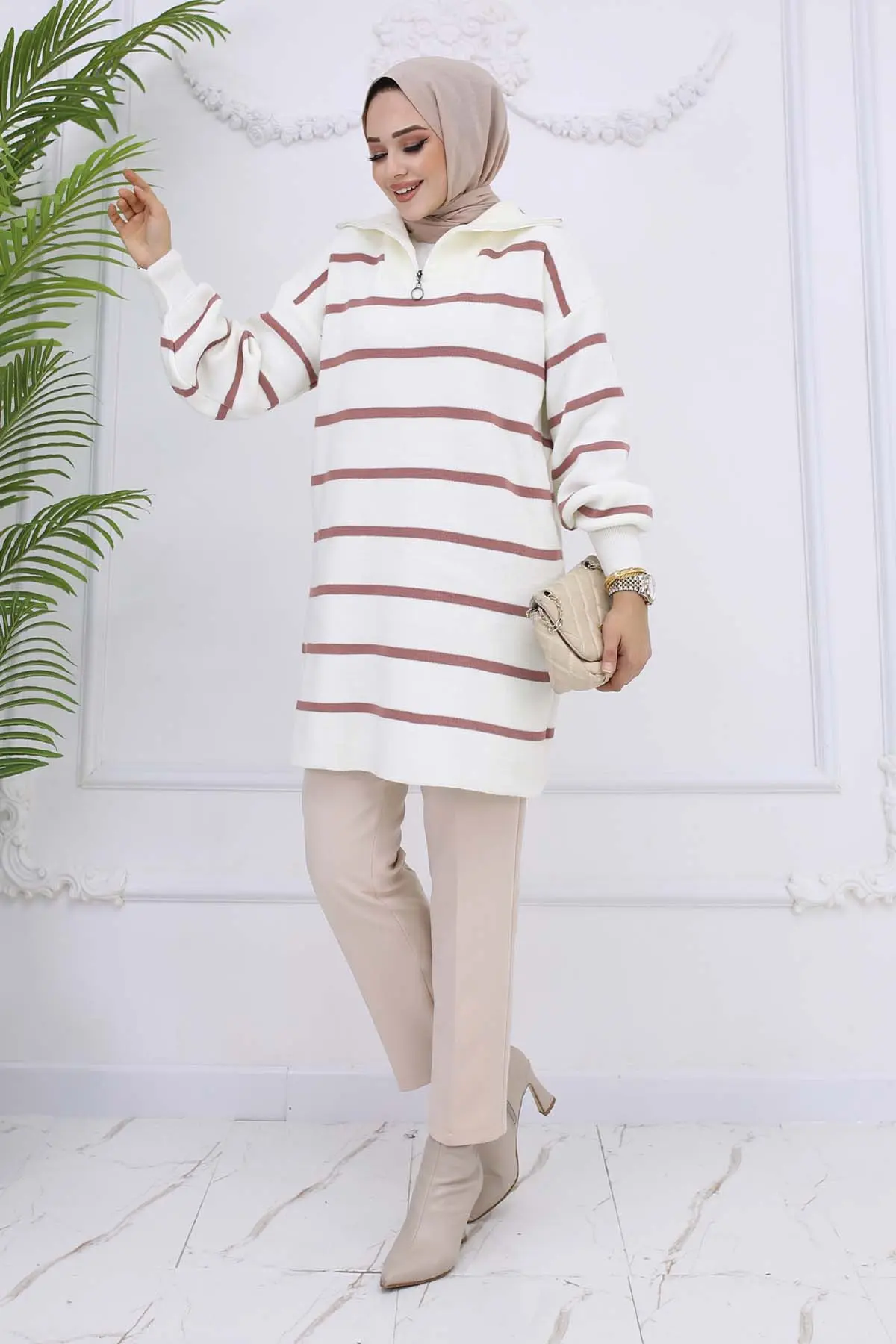 Striped Knitwear Tunic With Zippered Collar-detail