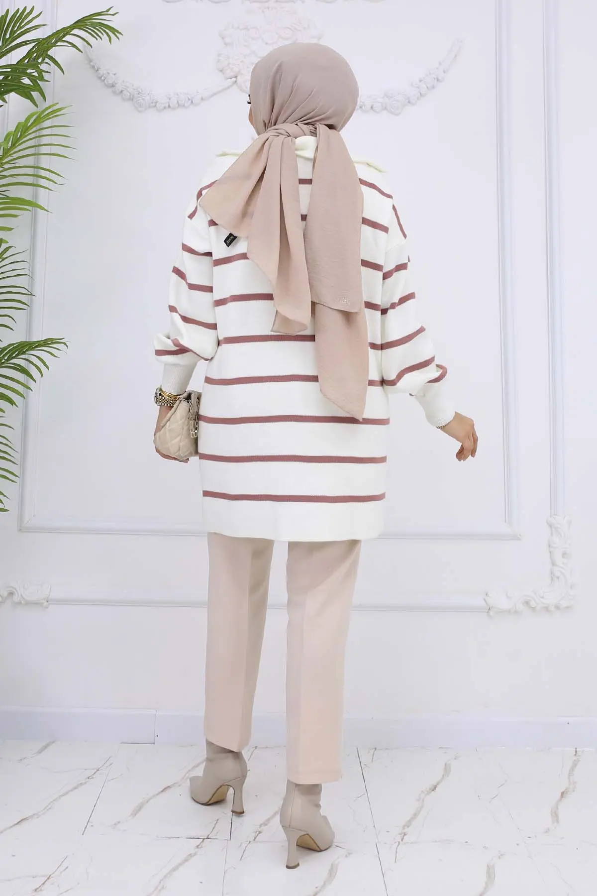 Striped Knitwear Tunic With Zippered Collar-detail