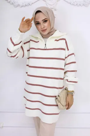 Striped Knitwear Tunic With Zippered Collar