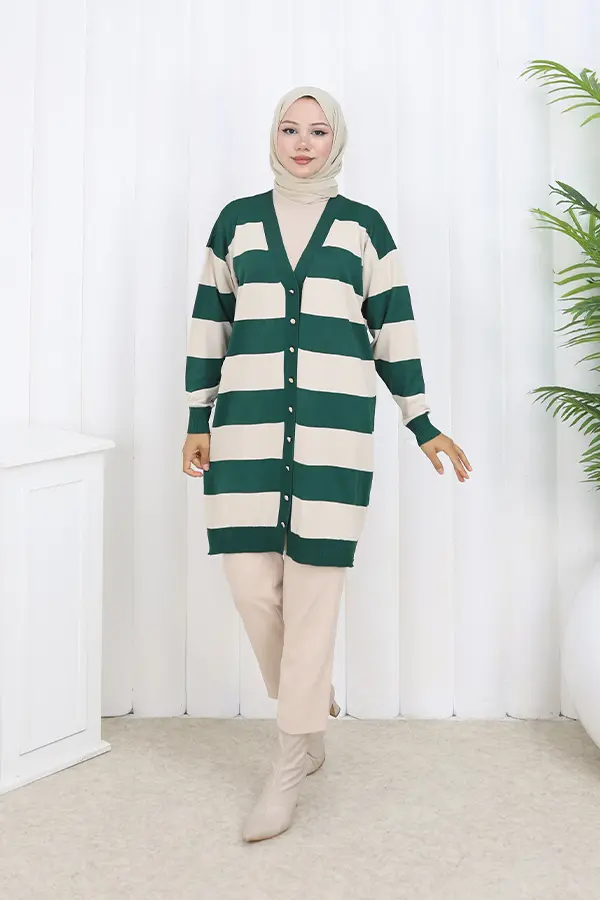Striped Long Mercerized Cardigan