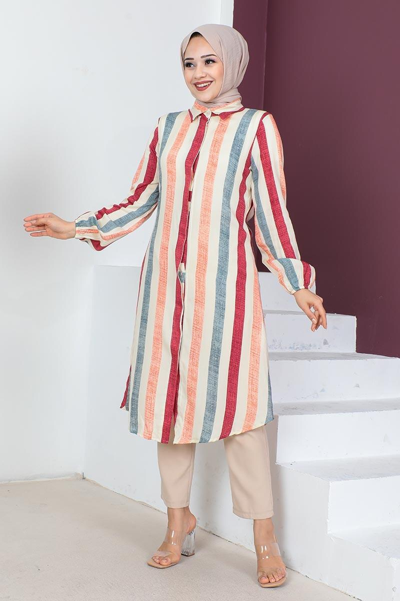 Striped Modest Coat 0161 Burgundy