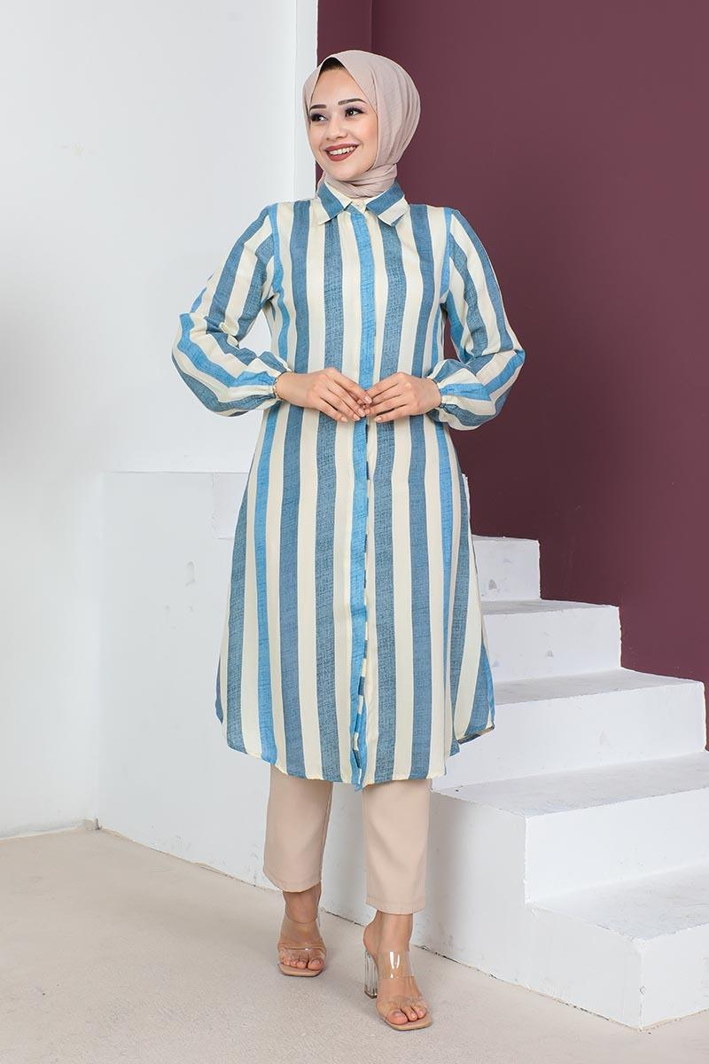 Striped Modest Coat 0161 Indigo