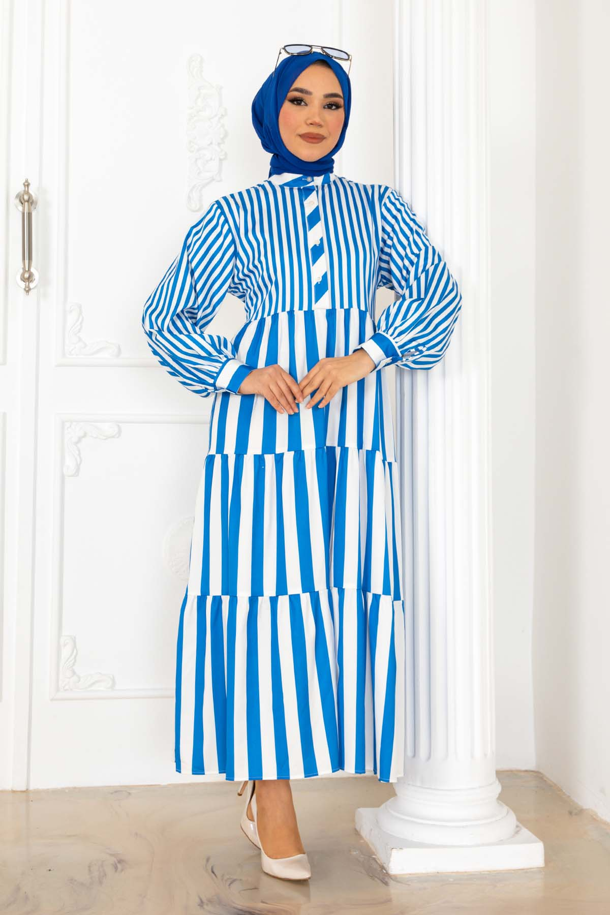 Striped Satin Dress Blue