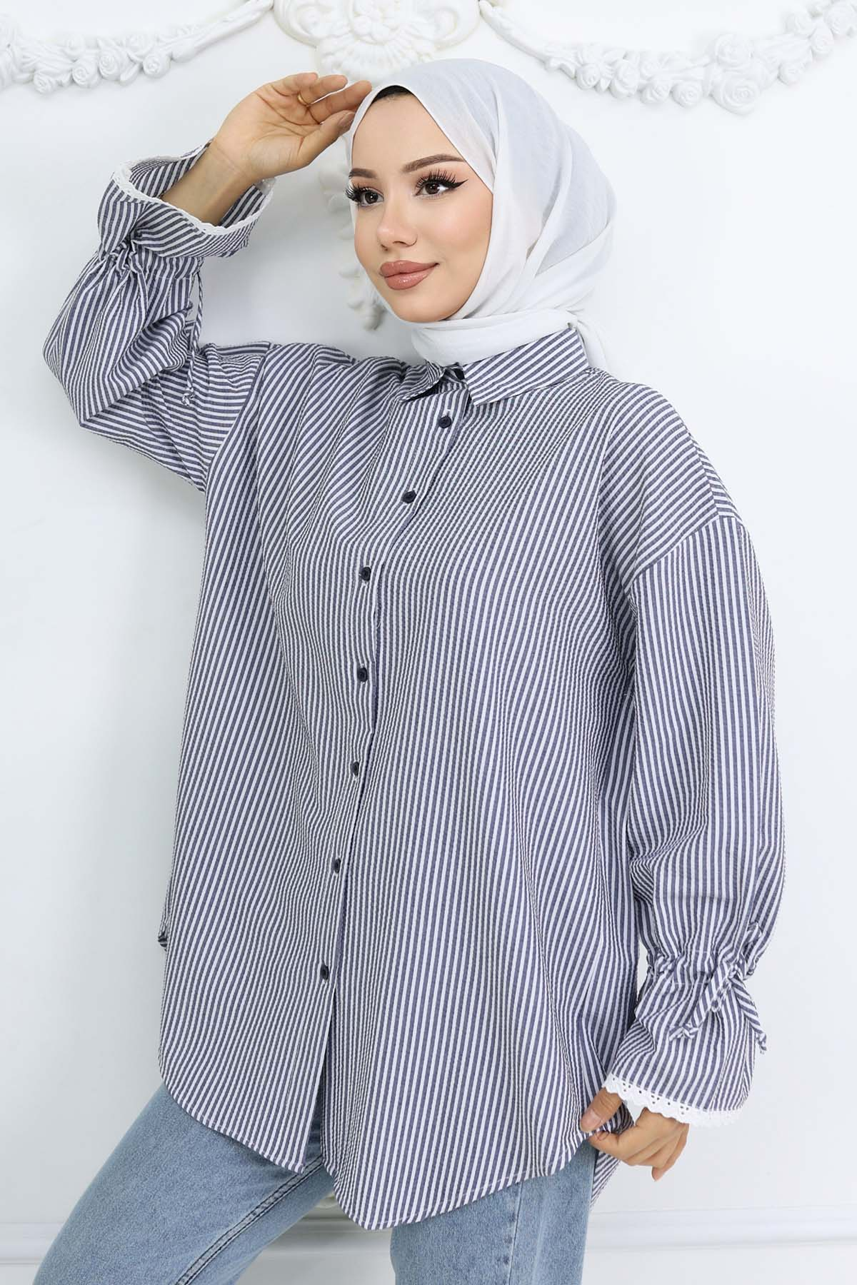 Striped Shirt With Scalloped Sleeves